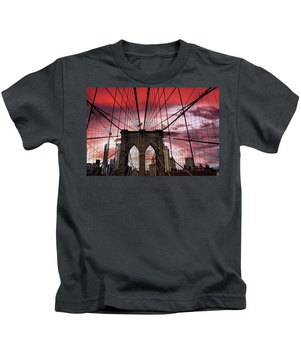 Brooklyn Bridge Kids T-Shirt featuring the photograph Sunset Gothic #1 by Jessica Jenney