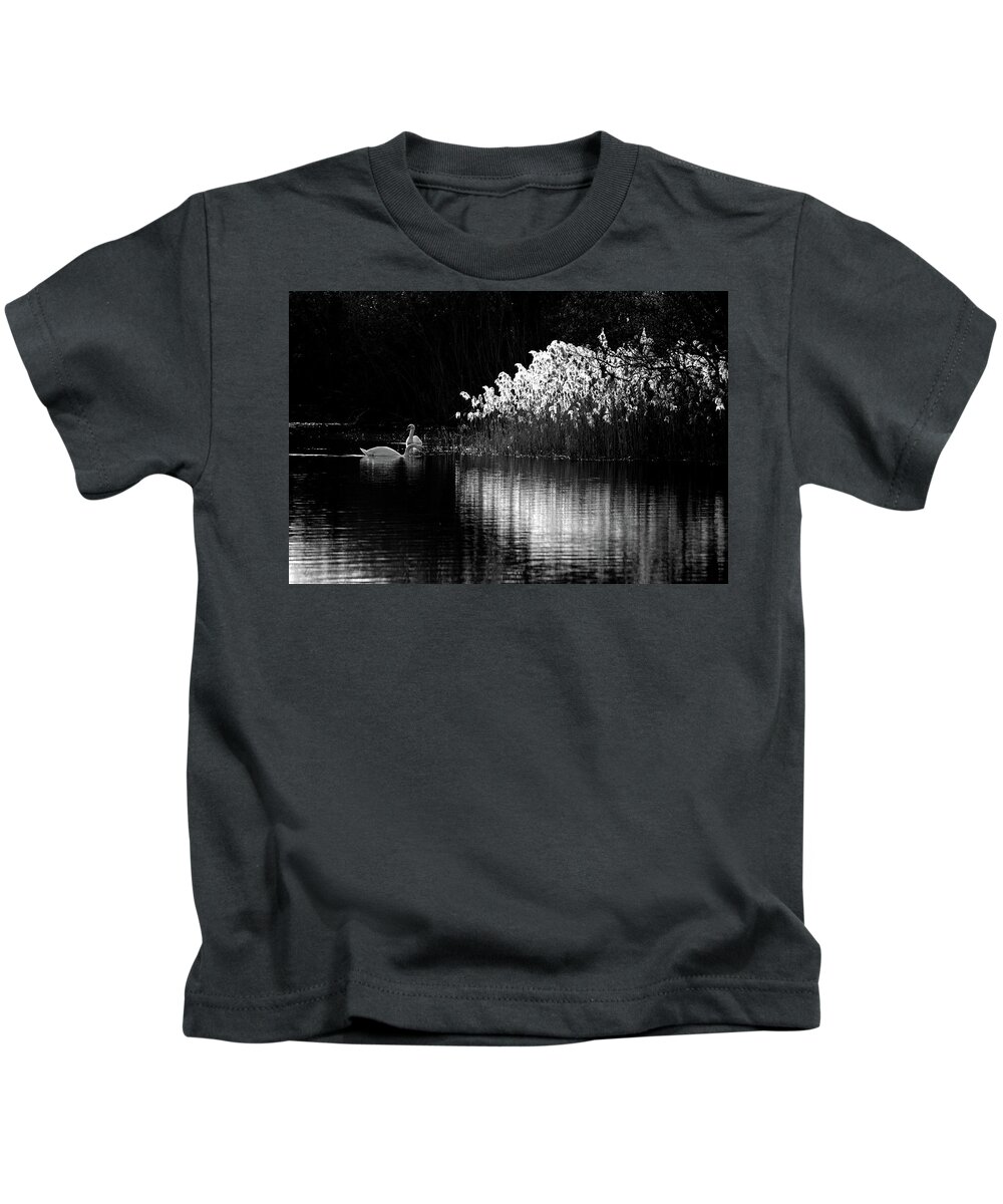 Swans Reeds Monochrome Kids T-Shirt featuring the photograph Swans and reeds #1 by Ian Sanders