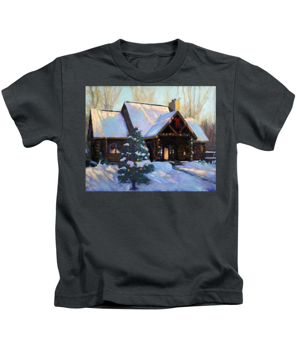 Sunset Kids T-Shirt featuring the painting The Christmas Cabin #1 by David Zimmerman