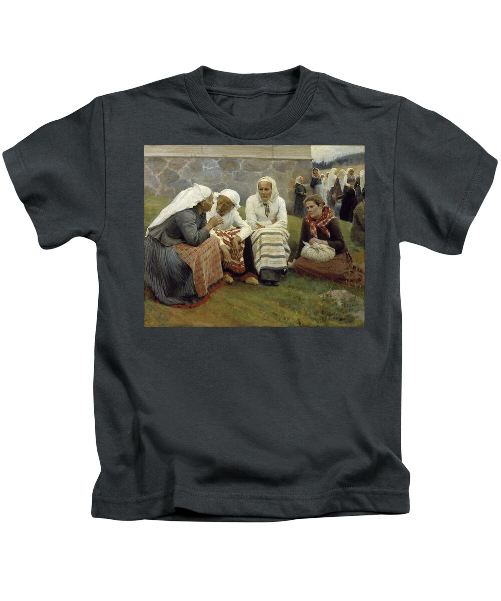 Albert Edelfelt Kids T-Shirt featuring the painting Women Outside the Church at Ruokolahti by MotionAge Designs
