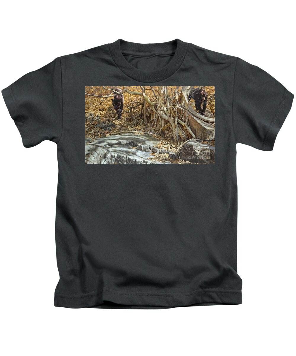 Black Jaguar Kids T-Shirt featuring the painting You Take The High Ridge by Alan M Hunt