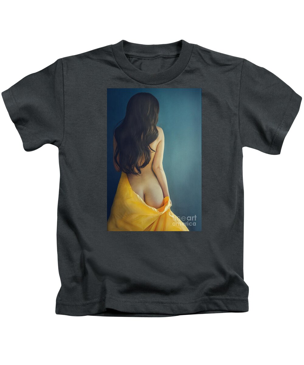Woman Kids T-Shirt featuring the photograph Woman with yellow silk on blue background by Jelena Jovanovic
