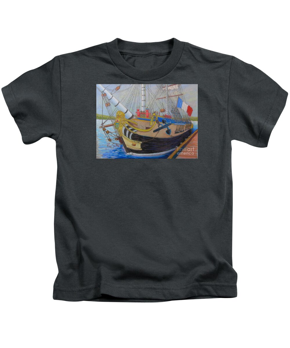 French 1780 Frigate Kids T-Shirt featuring the pastel L'Hermione #2 by Rae Smith