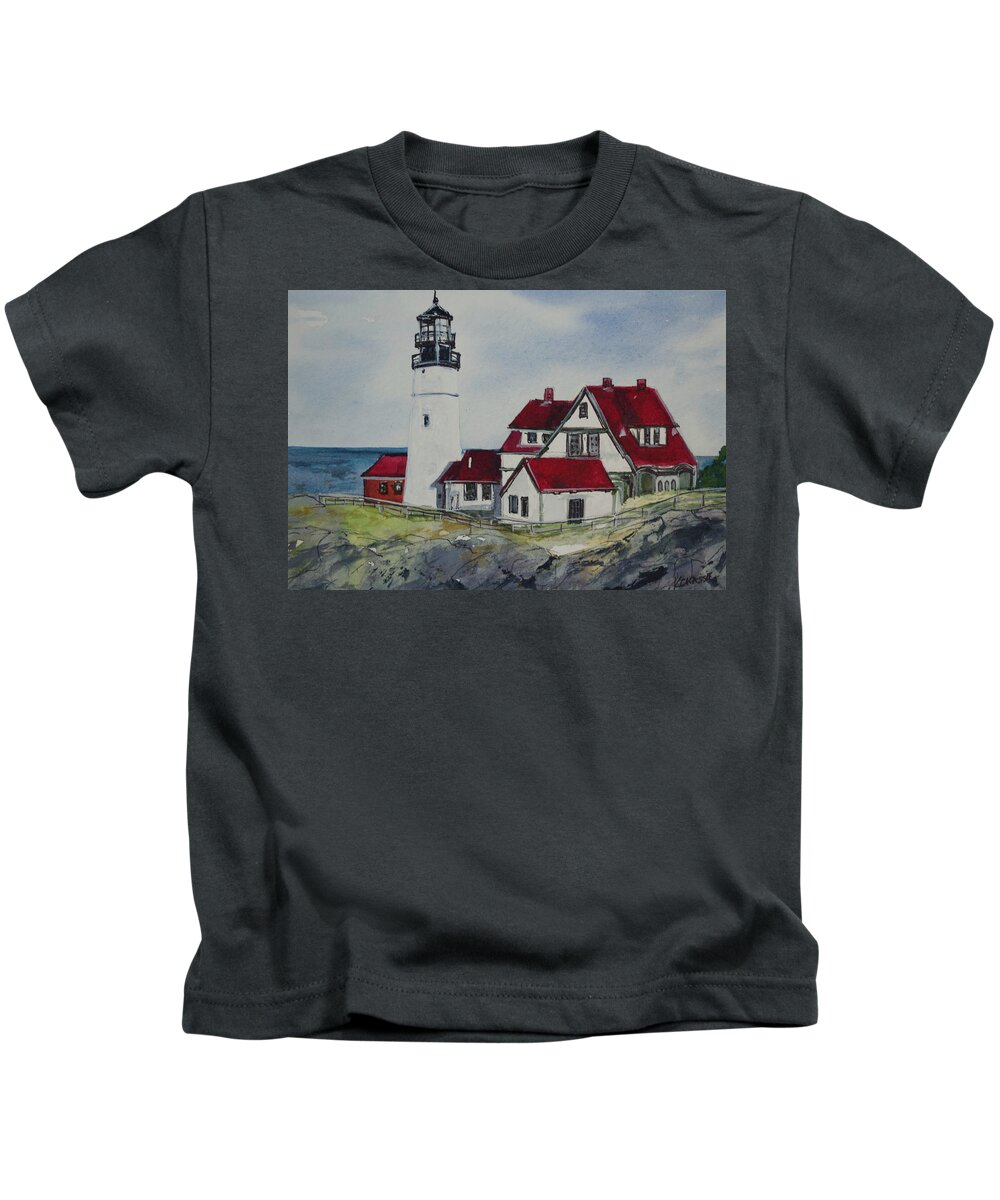 Portland Headlight Kids T-Shirt featuring the painting Portland Headlight #1 by Kellie Chasse