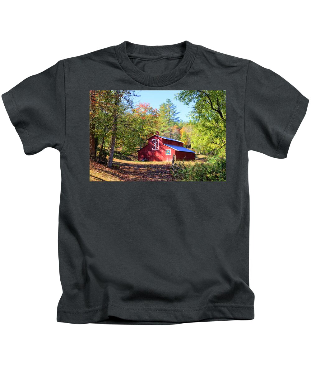 Red Barn Kids T-Shirt featuring the photograph Red Quilt Barn In The Fall by Lorraine Baum