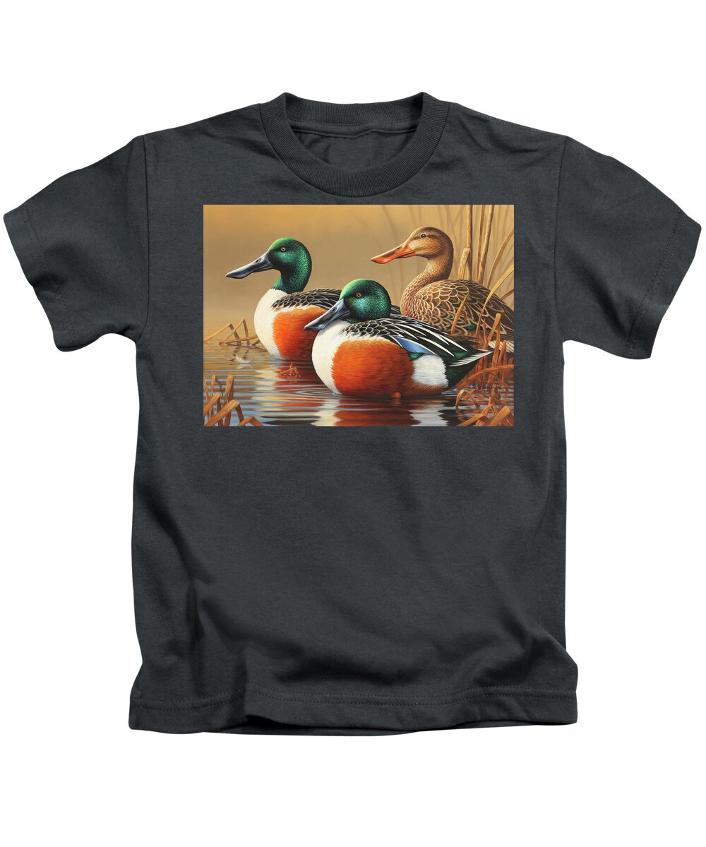 Shoveler Ducks Kids T-Shirt featuring the painting 2014 Connecticut Duck Stamp by Guy Crittenden