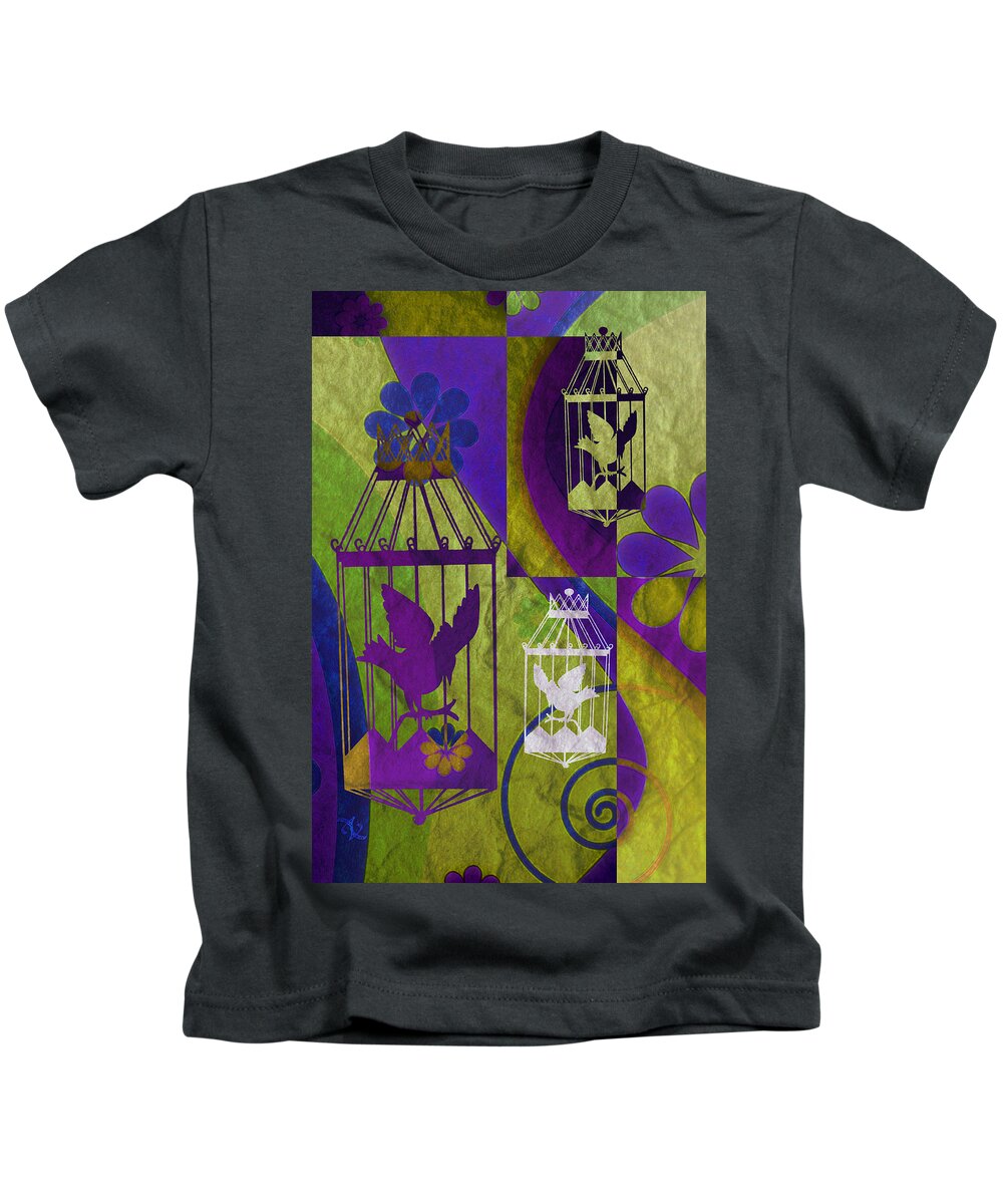 Silhouette Kids T-Shirt featuring the mixed media 3 Caged Birds by Angelina Tamez