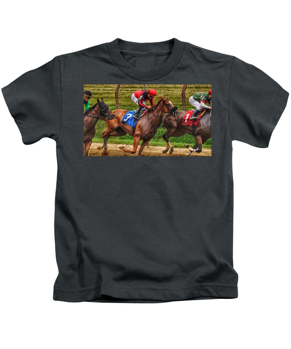 Race Horsing Kids T-Shirt featuring the photograph 3 Gaining by Jeffrey Perkins