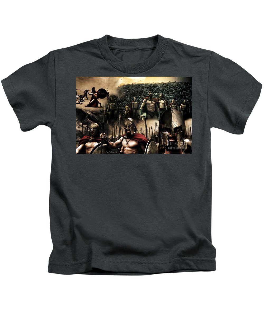 300 Movie Kids T-Shirt featuring the painting 300 Spartans by Carl Gouveia