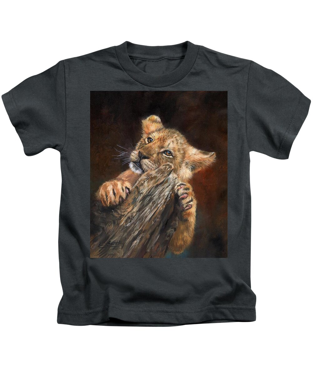 Lion Kids T-Shirt featuring the painting Lion Cub #5 by David Stribbling