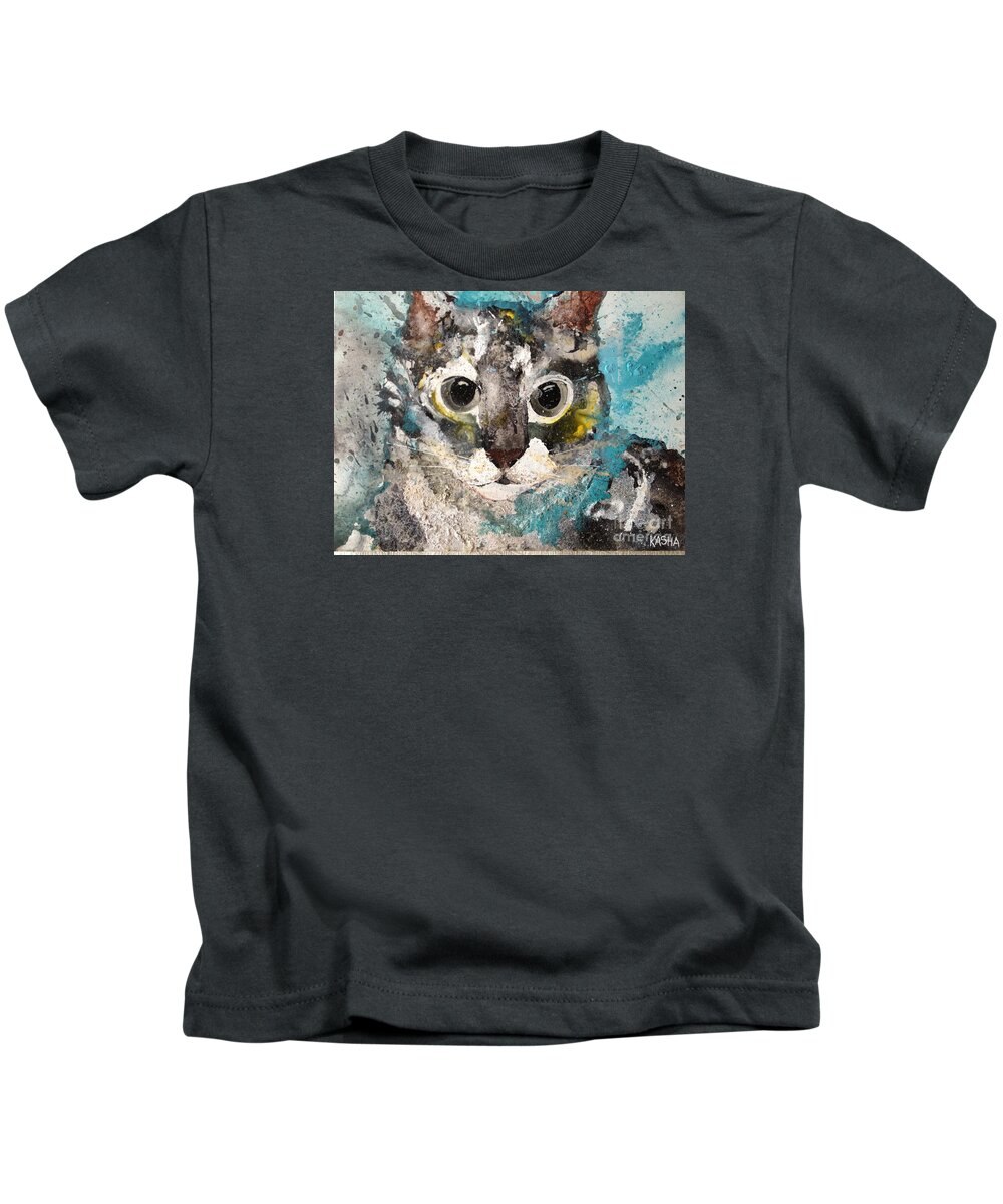 Gray Cat Kids T-Shirt featuring the painting 50 Shades of Kitty by Kasha Ritter
