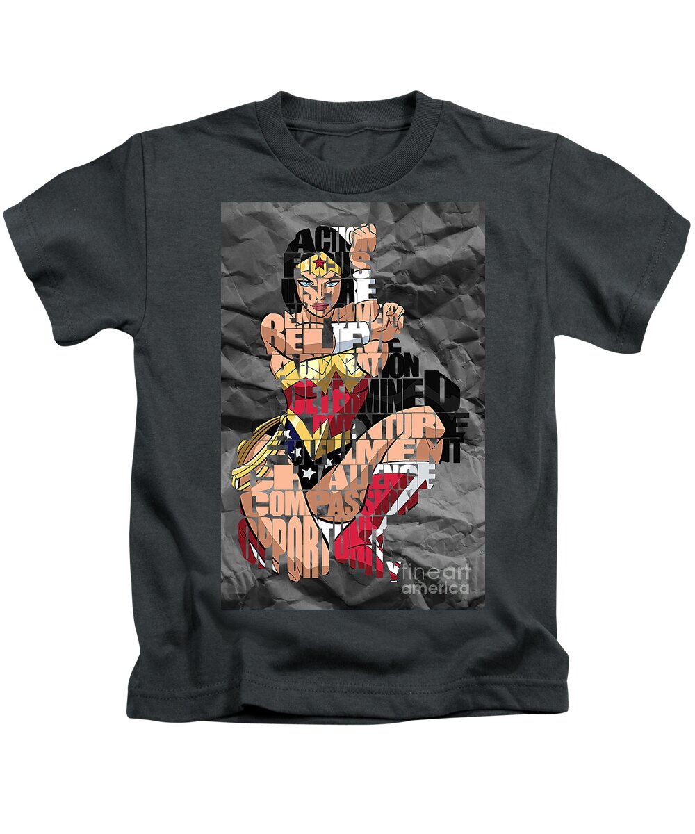 Wonder Woman Kids T-Shirt featuring the mixed media Wonder Woman Inspirational Power and Strength Through Words #2 by Marvin Blaine