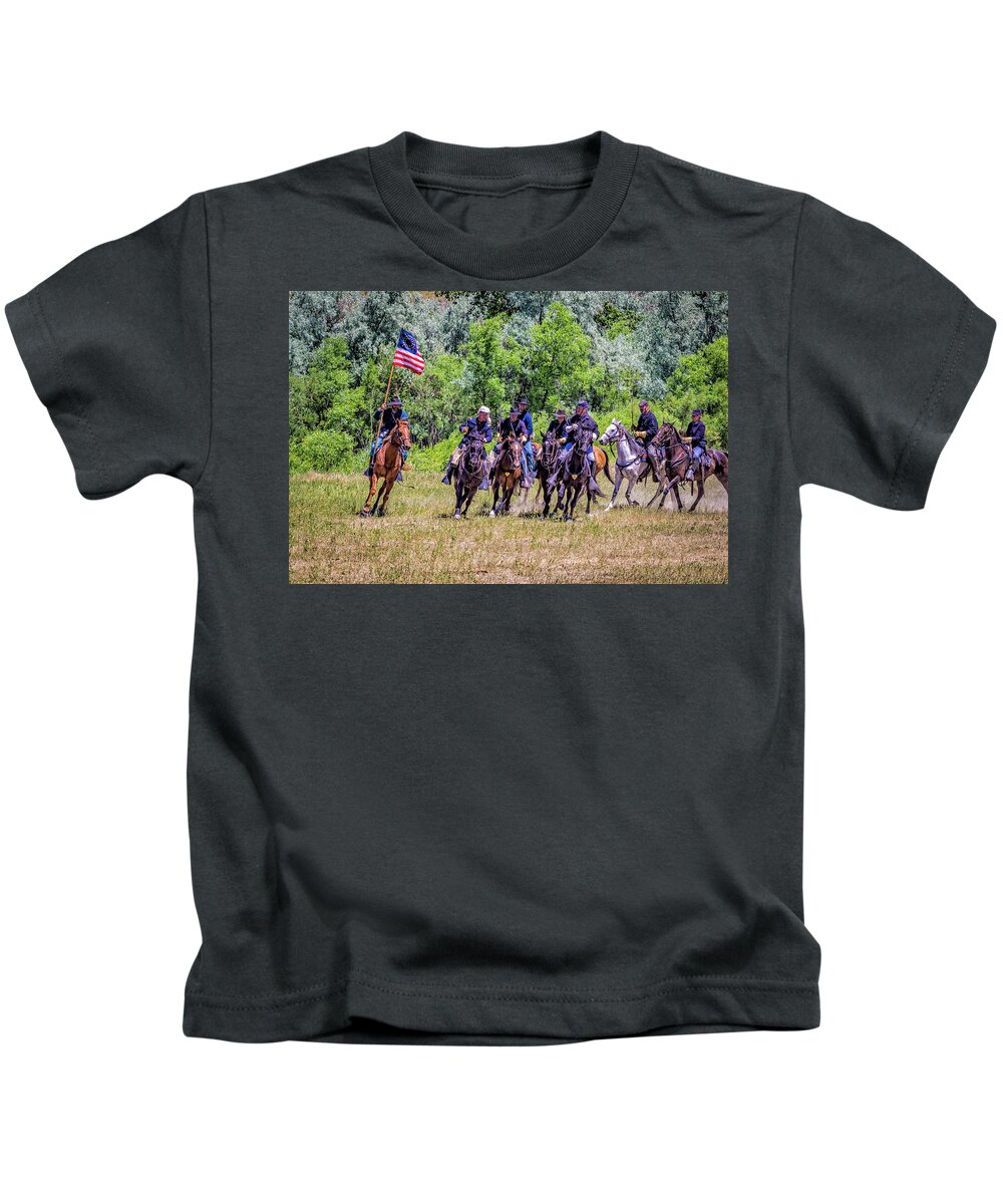 Little Bighorn Re-enactment Kids T-Shirt featuring the photograph 7th Cavalry In Charge Formation by Donald Pash