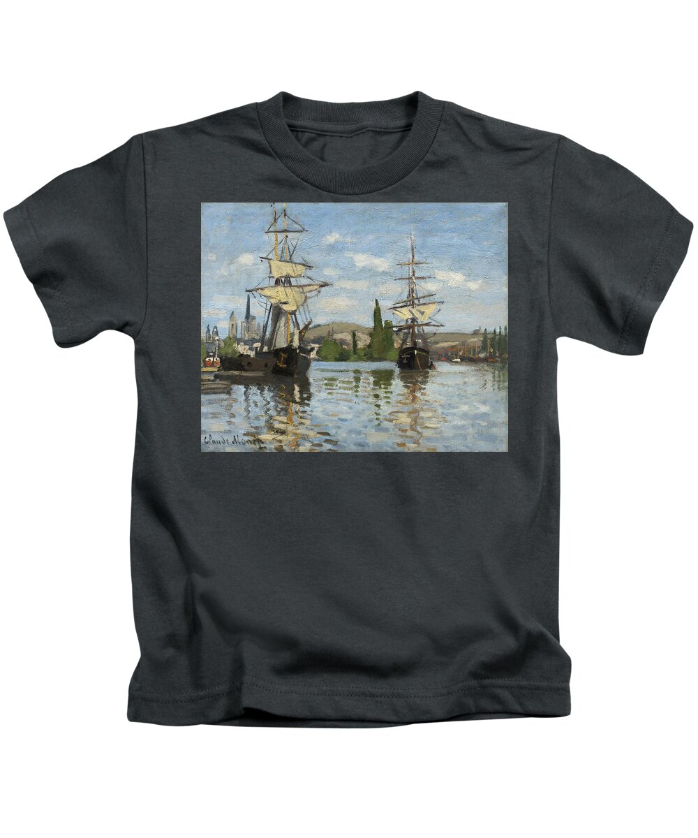 Impressionist Kids T-Shirt featuring the painting Ships Riding on the Seine at Rouen #10 by Claude Monet