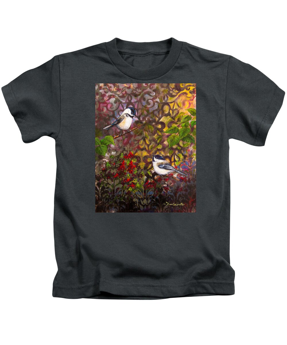 Chickadee Kids T-Shirt featuring the painting A Chance Encounter by Dee Carpenter