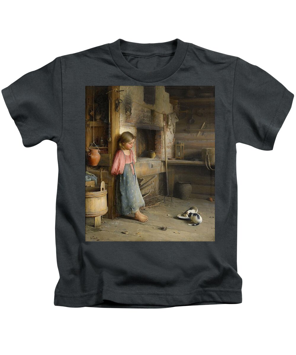 Ivan Lavrentievich Gorokhov Russia 1863-1934 A Girl With Kittens Kids T-Shirt featuring the painting A girl with kittens by MotionAge Designs