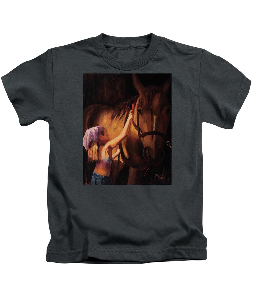 Young Girl With Horse Kids T-Shirt featuring the painting A Girls First Love by Billie Colson
