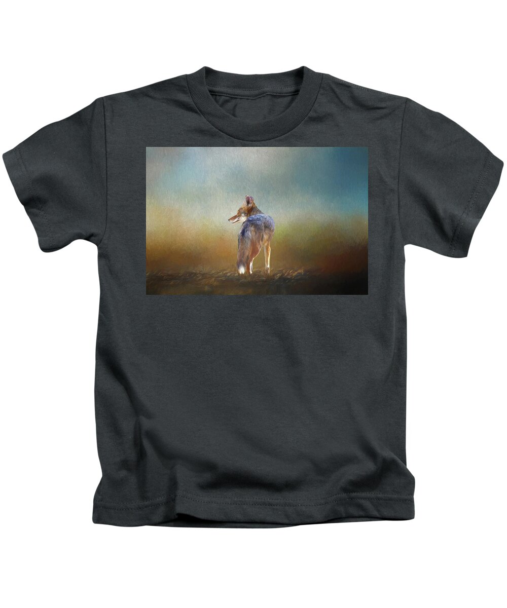 Linda Brody Kids T-Shirt featuring the digital art A Lone Coyote by Linda Brody