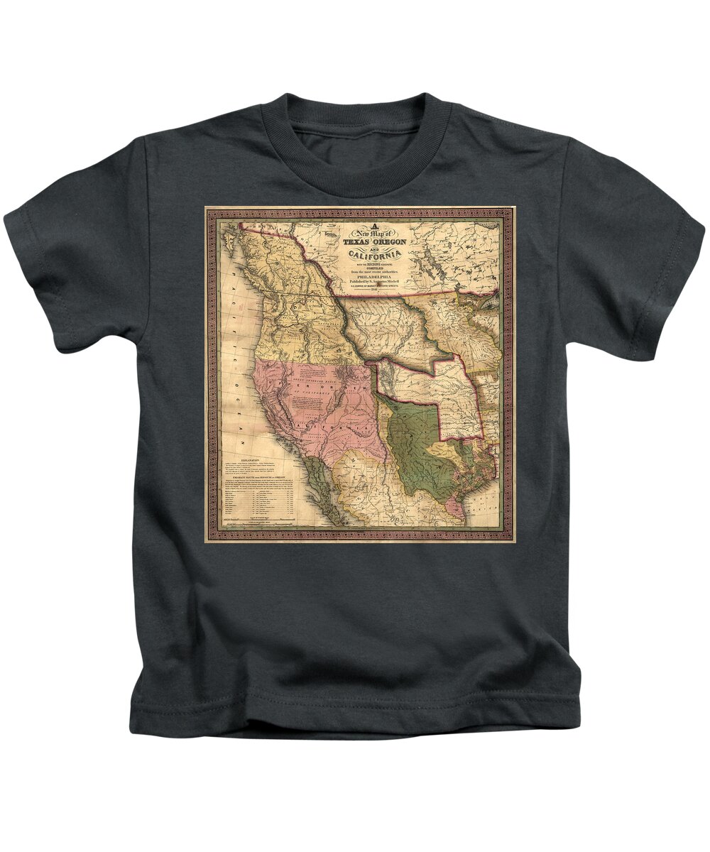Texas Kids T-Shirt featuring the digital art A New Map of Texas, Oregon and California with the Regions Adjoining, 1846 by Texas Map Store