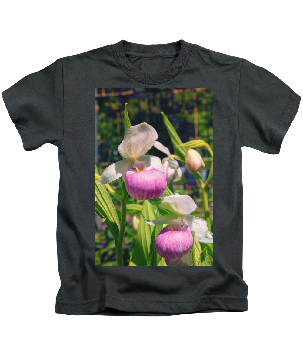 Showy Lady Slipper Kids T-Shirt featuring the photograph A Pair of Slippers by Nancy Dunivin