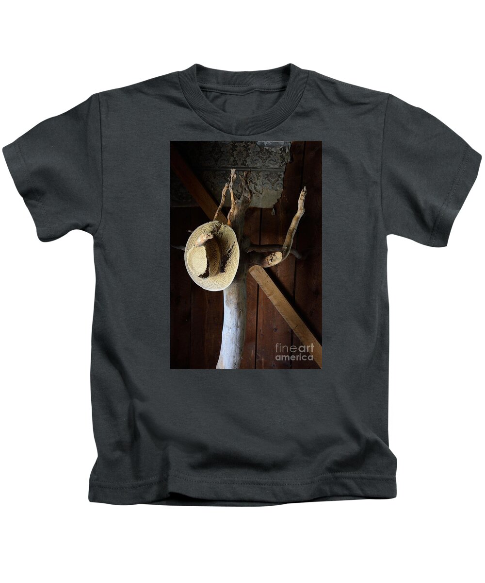 Hat Rack Western West Rodeo Ghost Town Hall Tree Old Straw Tree Stand Kids T-Shirt featuring the photograph A Place to Hang Your Hat 5448 by Ken DePue