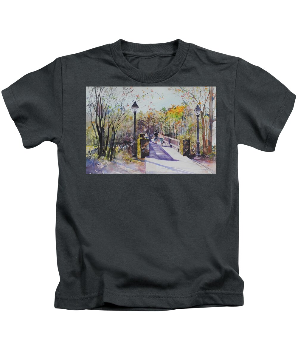 Figures Kids T-Shirt featuring the painting A Stroll on the Bridge by P Anthony Visco