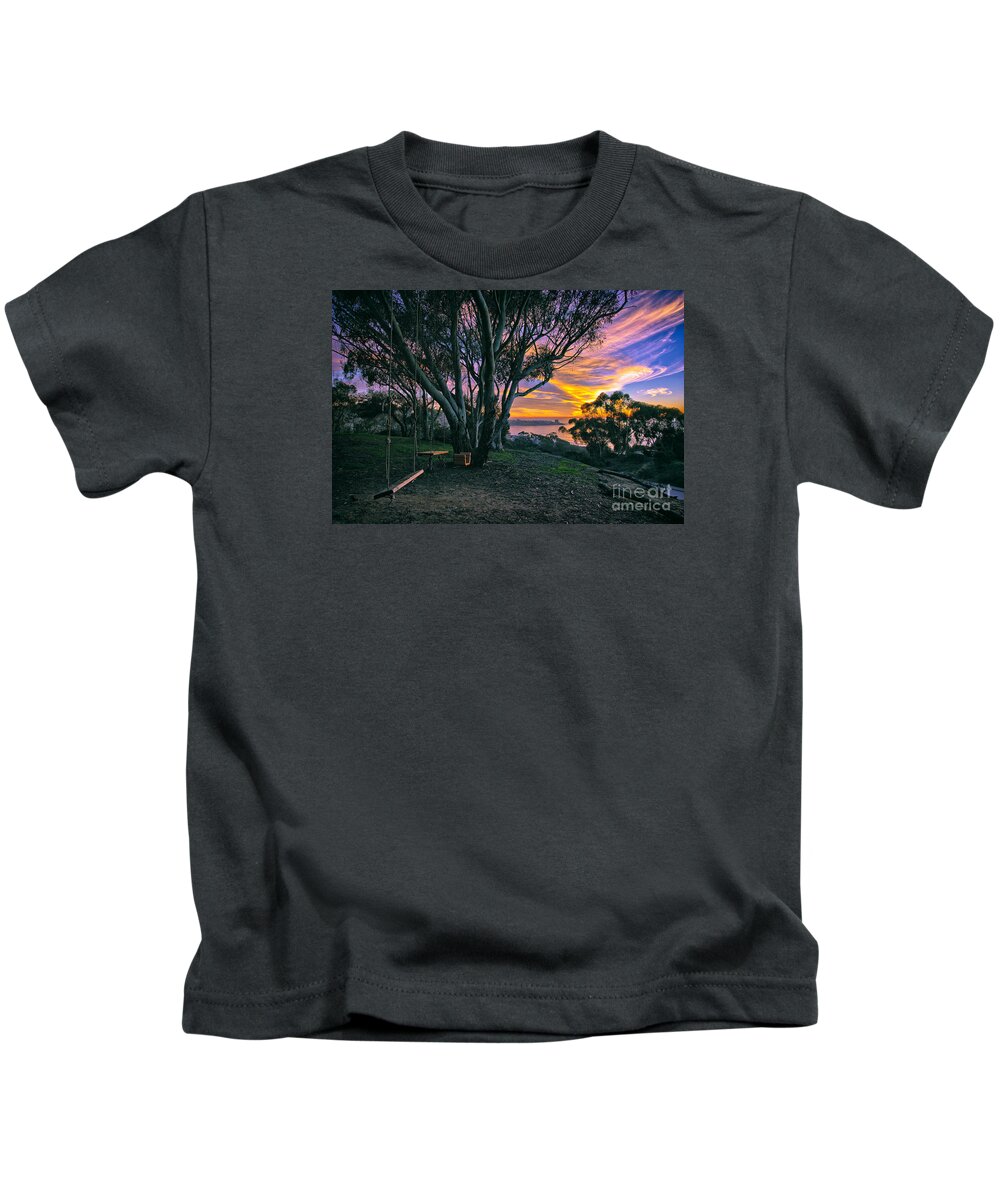 La Jolla Kids T-Shirt featuring the photograph A Swinging Sunset from the Secret Swings of La Jolla by Sam Antonio