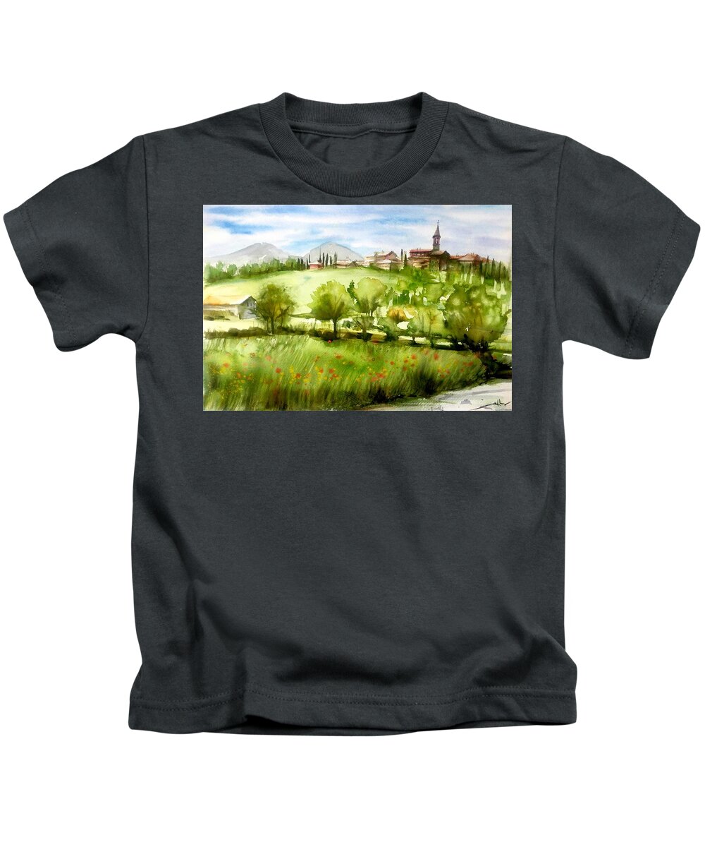 Nature Kids T-Shirt featuring the painting A view from Tuscany by Katerina Kovatcheva