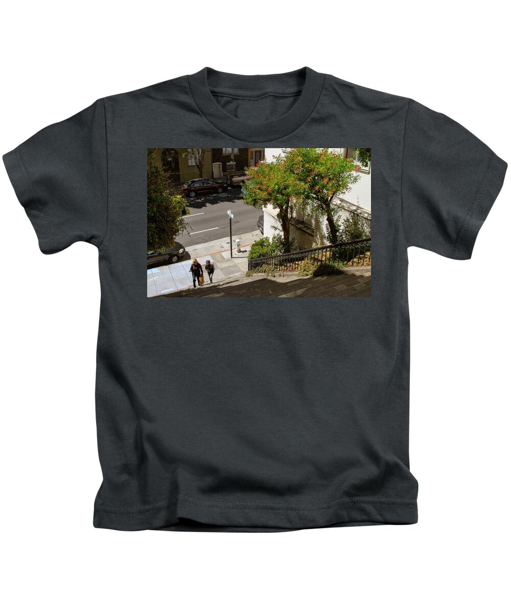 Joice Steps Kids T-Shirt featuring the photograph A Walk Up Joice St Steps by Bonnie Follett