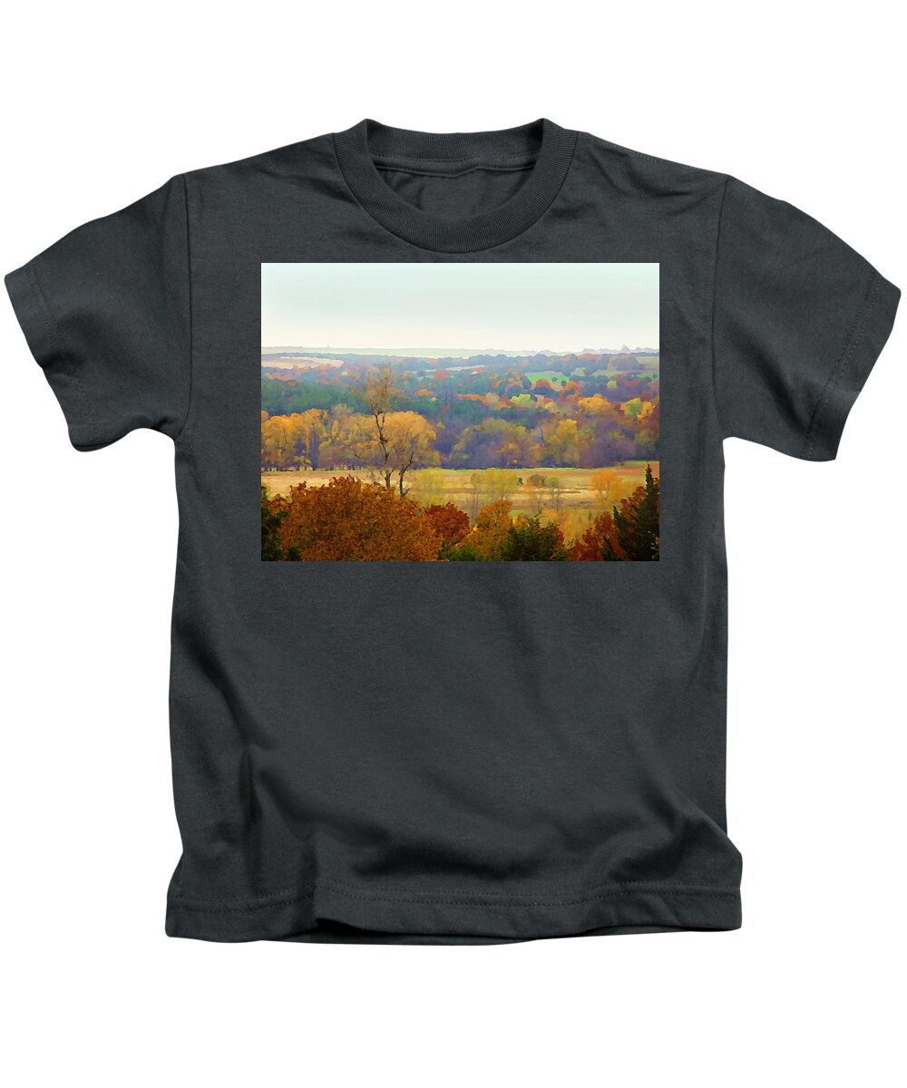 Autumn Kids T-Shirt featuring the mixed media Across the River in Autumn by Shelli Fitzpatrick