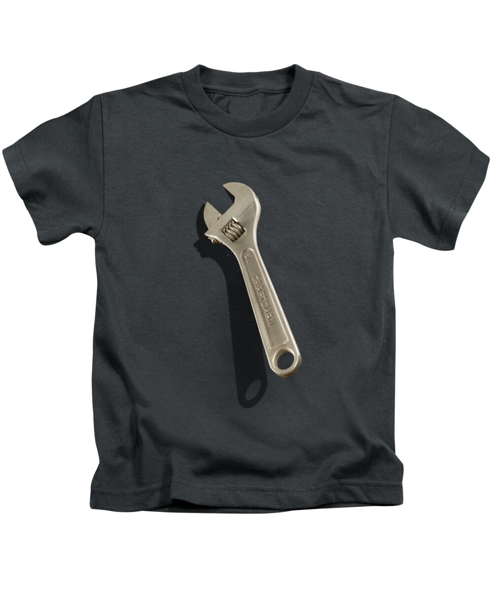 Black Kids T-Shirt featuring the photograph Adjustable Wrench over Black and White Wood 72 by YoPedro