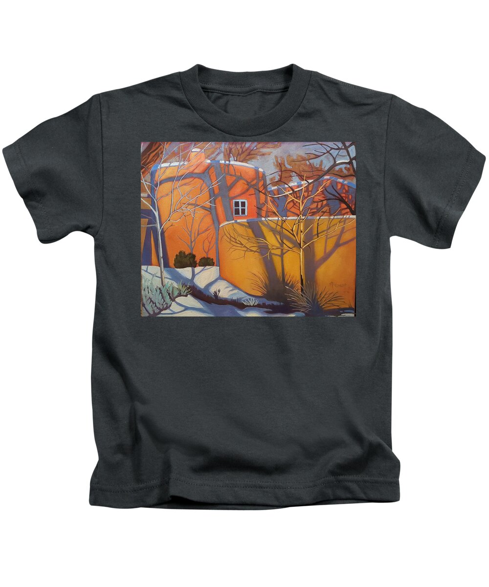 Taos Kids T-Shirt featuring the painting Adobe, Shadows and a Blue Window by Art West