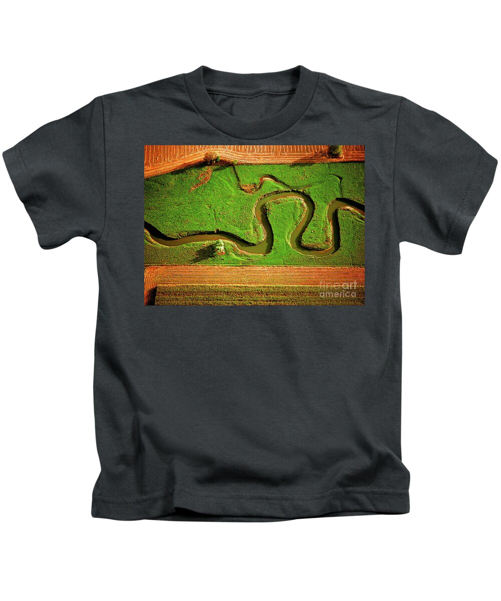 Aerial Kids T-Shirt featuring the photograph aerial, farm, stream, northern, Illinois, farms, meandering by Tom Jelen