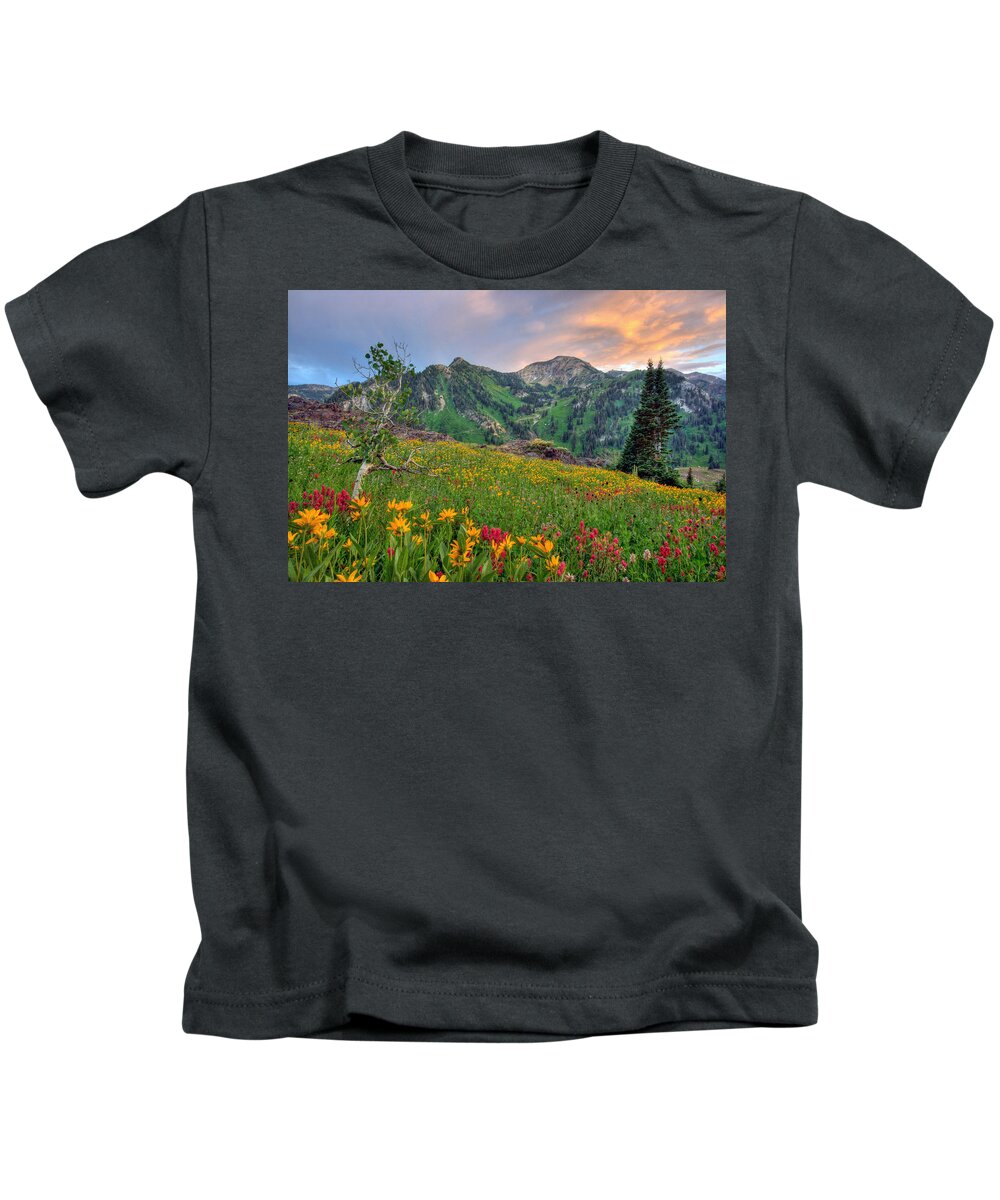 Wildflower Kids T-Shirt featuring the photograph Alta Wildflowers and Sunset by Brett Pelletier