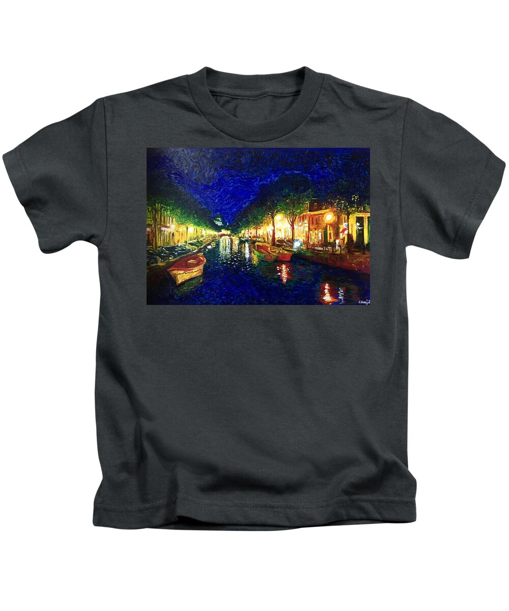 Amsterdam Canals Kids T-Shirt featuring the painting Amsterdam Canal by Ericka Herazo