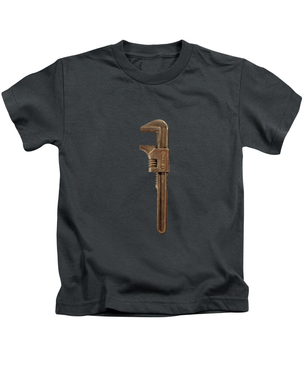 Background Kids T-Shirt featuring the photograph Antique Adjustable Wrench Front on Black by YoPedro
