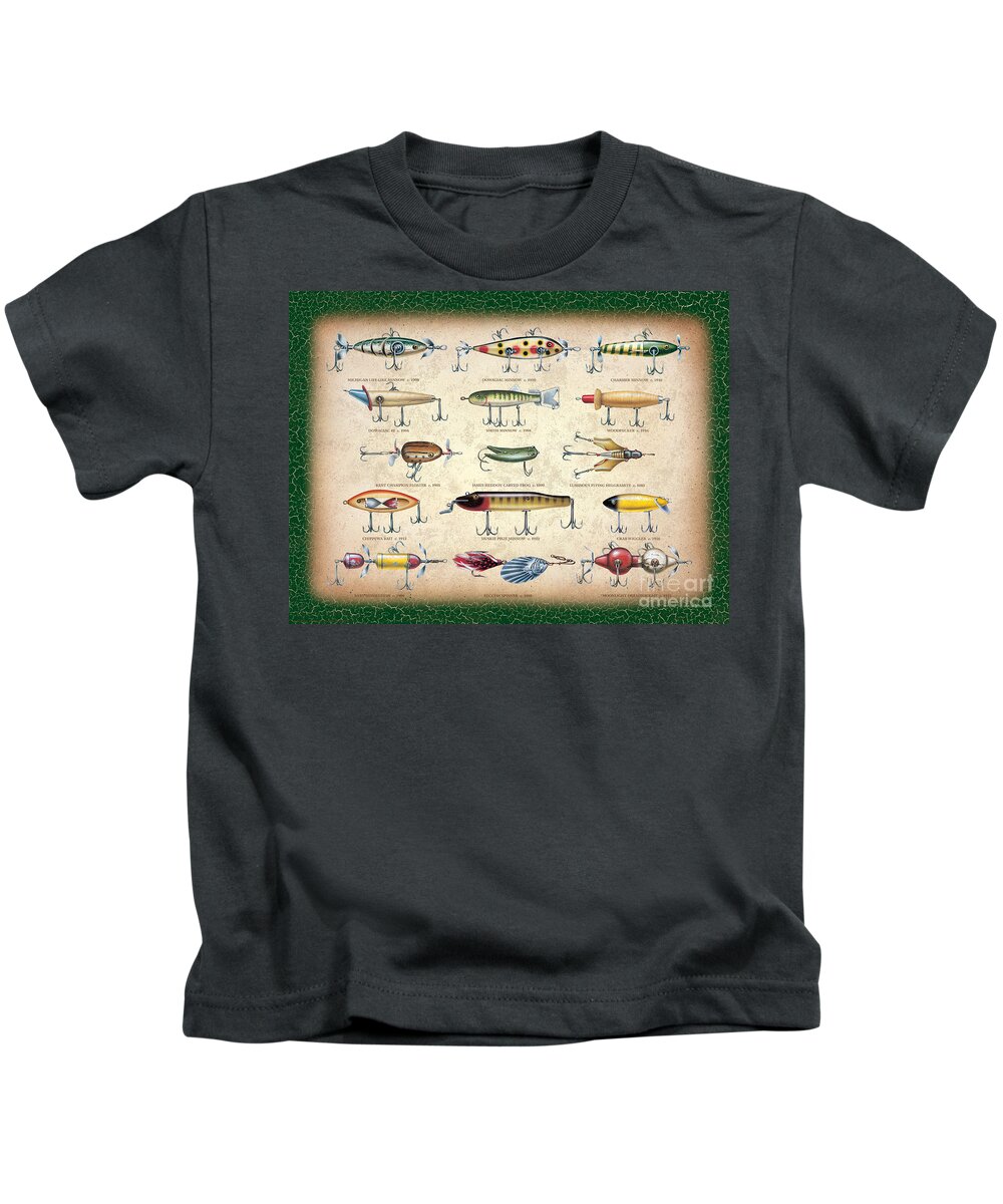 Jon Q Wright Jq Licensing Trout Fly Flyfishing Brown Trout Rainbow Trout Brook Trout Cutthroat Trout Fishing Lodge Cabin Collage Lure Tackle Lure Kids T-Shirt featuring the painting Antique Lures Panel by JQ Licensing