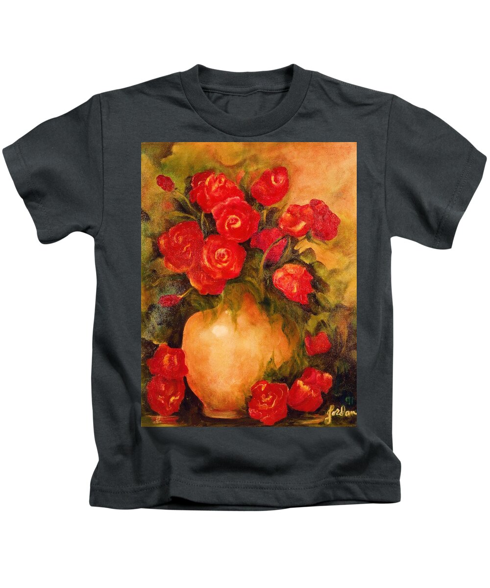 Red Roses In Vase Kids T-Shirt featuring the painting Antique Red Roses by Jordana Sands