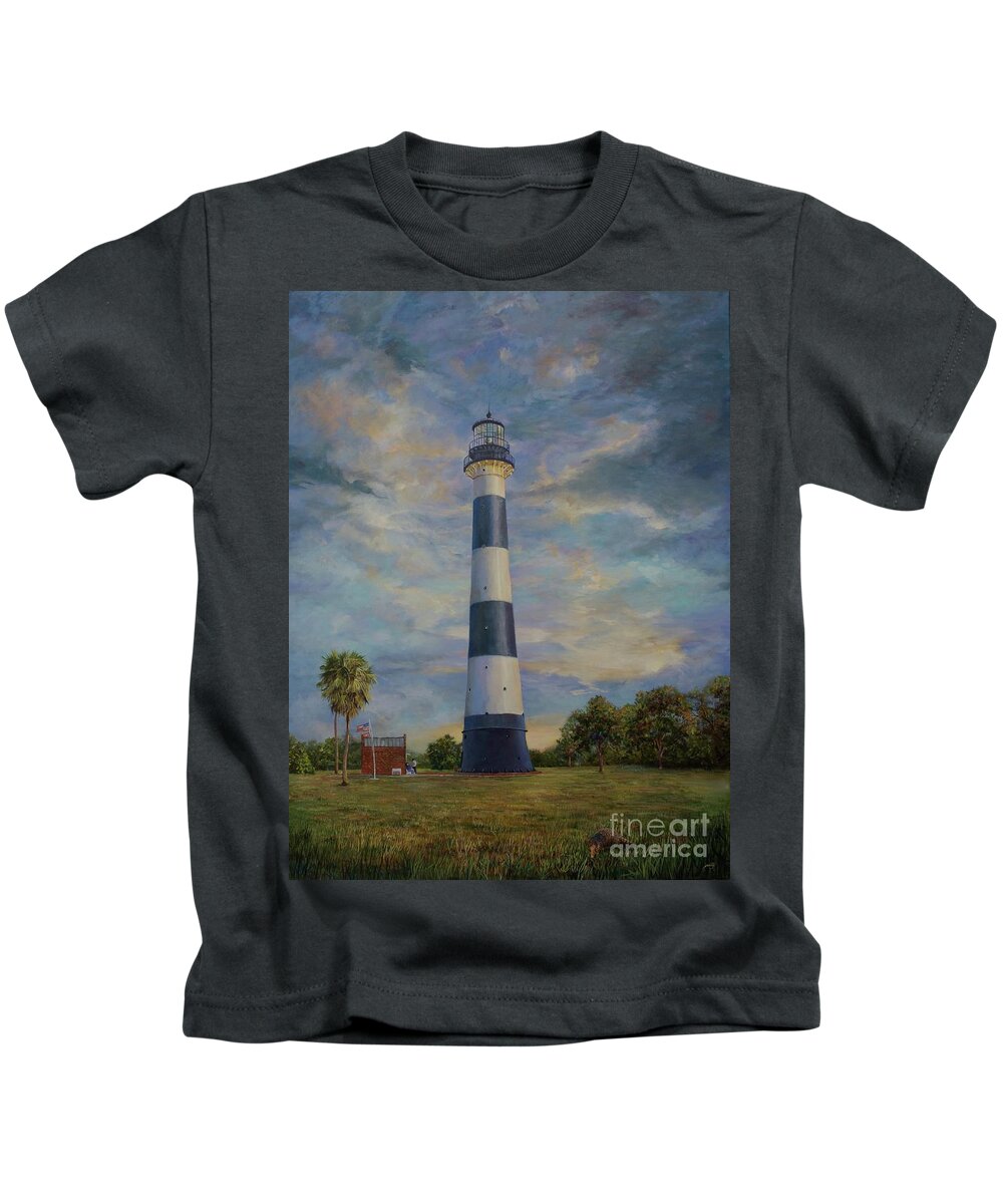 Landmark Kids T-Shirt featuring the painting Armadillo and lighthouse by AnnaJo Vahle