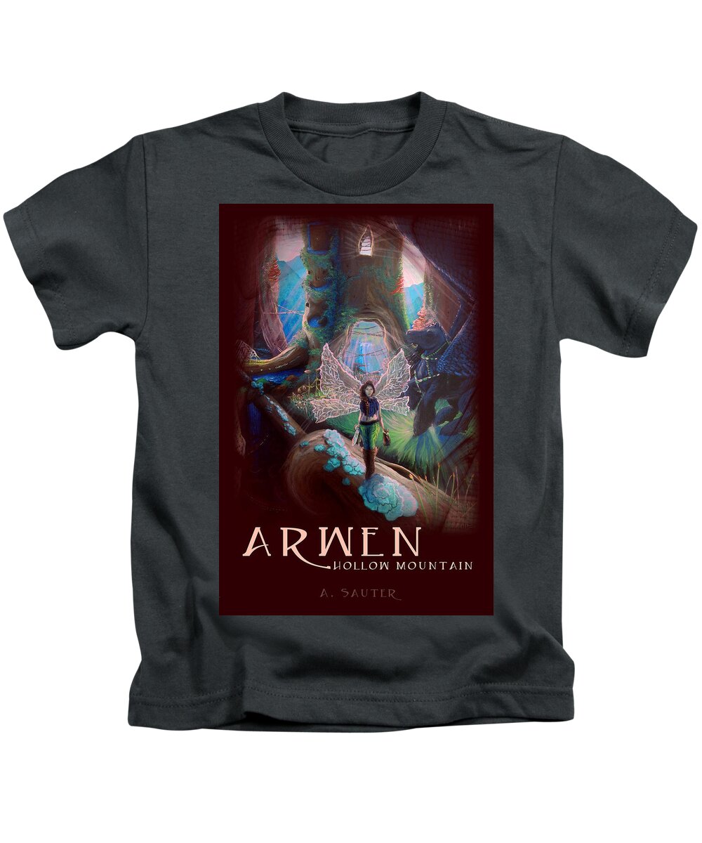 Mahogany Kids T-Shirt featuring the mixed media ARWEN Hollow Mountain Book Cover by M E