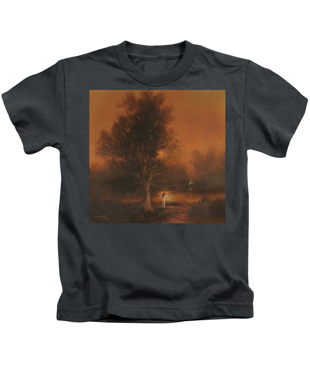 Twilight; Moody Landscape; Woman With Lantern; Tom Shropshire Painting; Atmospheric Landscape Kids T-Shirt featuring the painting Assignation by Tom Shropshire