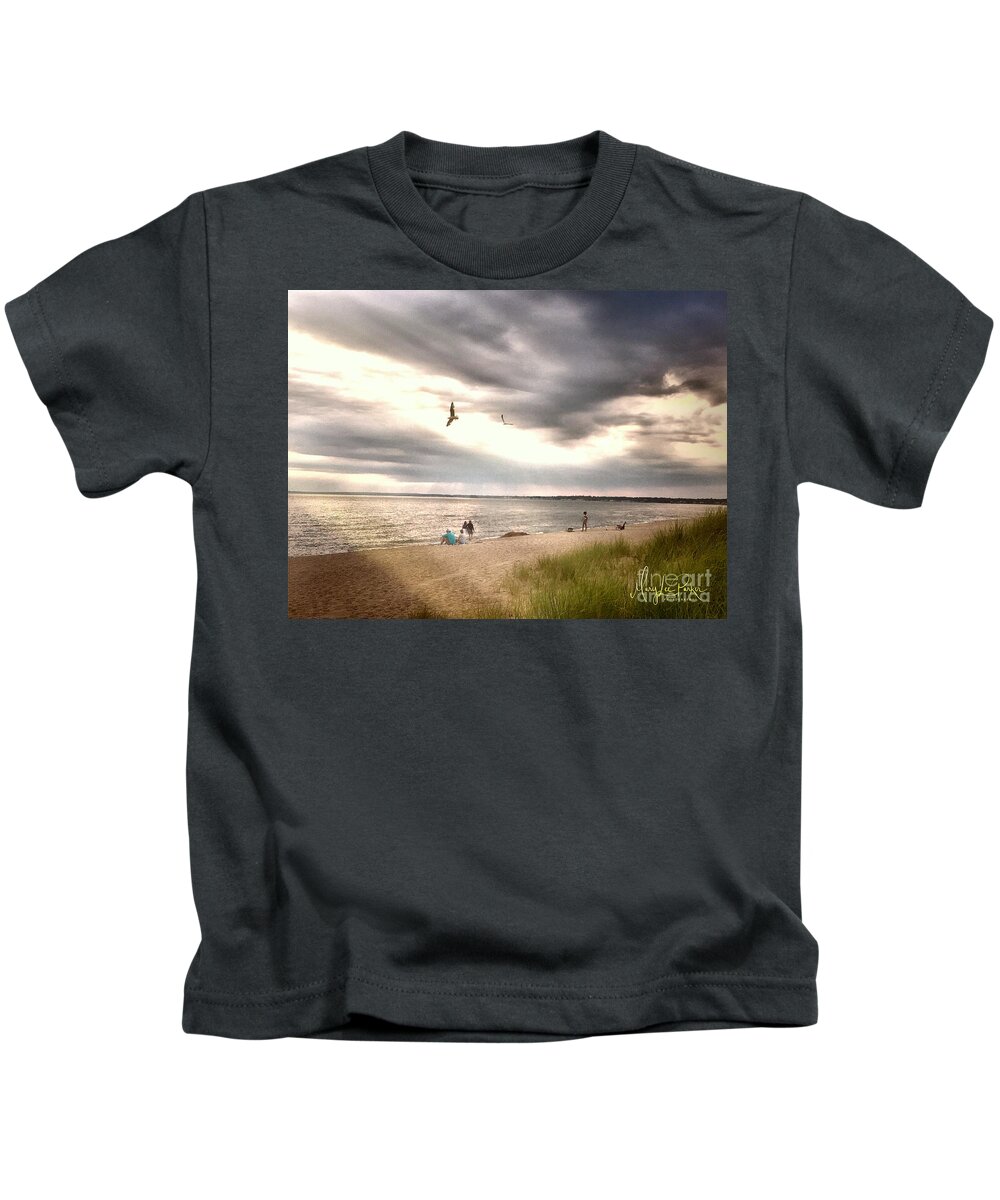 Mix Media Kids T-Shirt featuring the mixed media At The Beach by MaryLee Parker