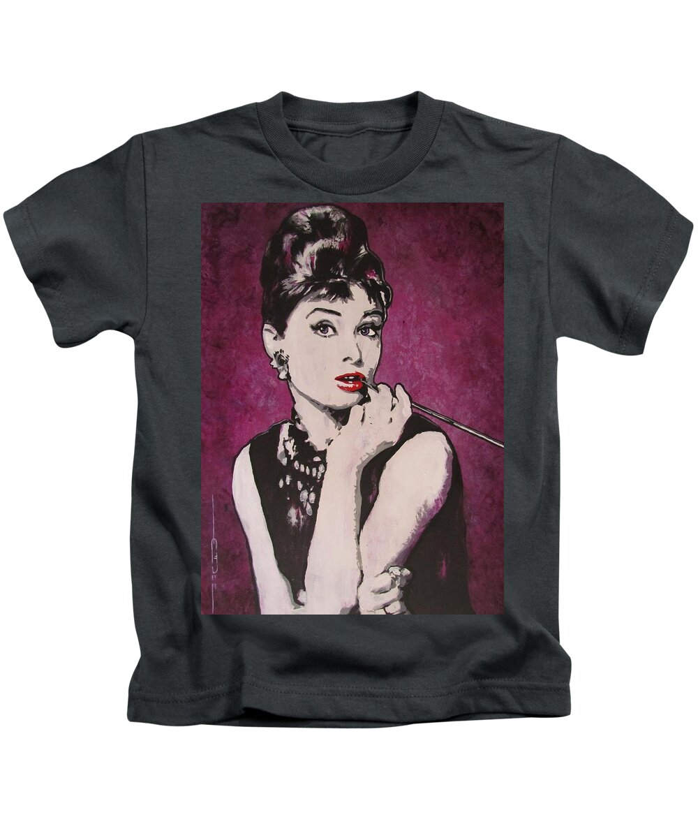 Audrey Hepburn May 4 1929 - Jan 20 1993 . Moon River. Breakfast At Tiffany's. Kids T-Shirt featuring the painting Audrey Hepburn - Breakfast by Eric Dee