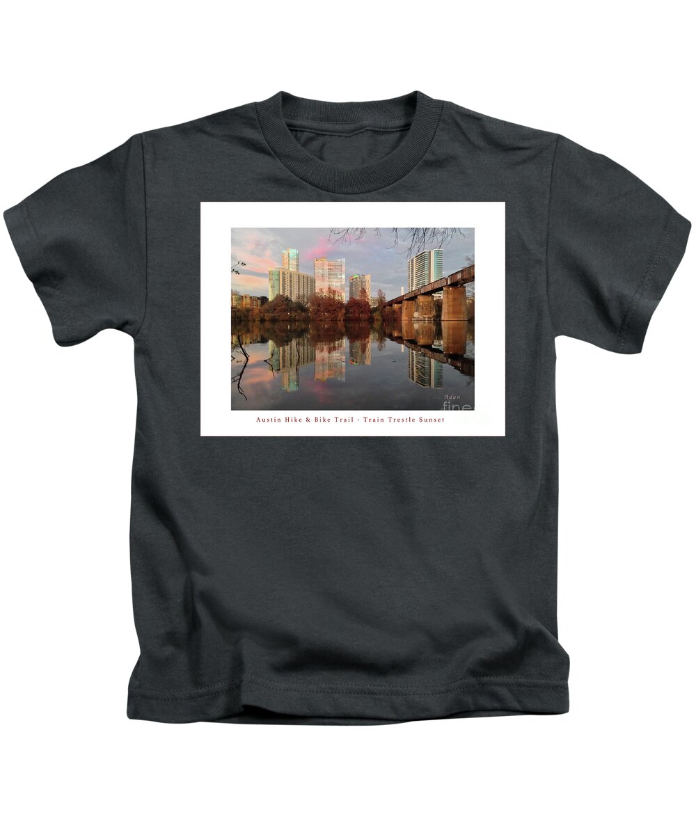 Triptych Kids T-Shirt featuring the photograph Austin Hike and Bike Trail - Train Trestle 1 Sunset Left Greeting Card Poster - Over Lady Bird Lake by Felipe Adan Lerma