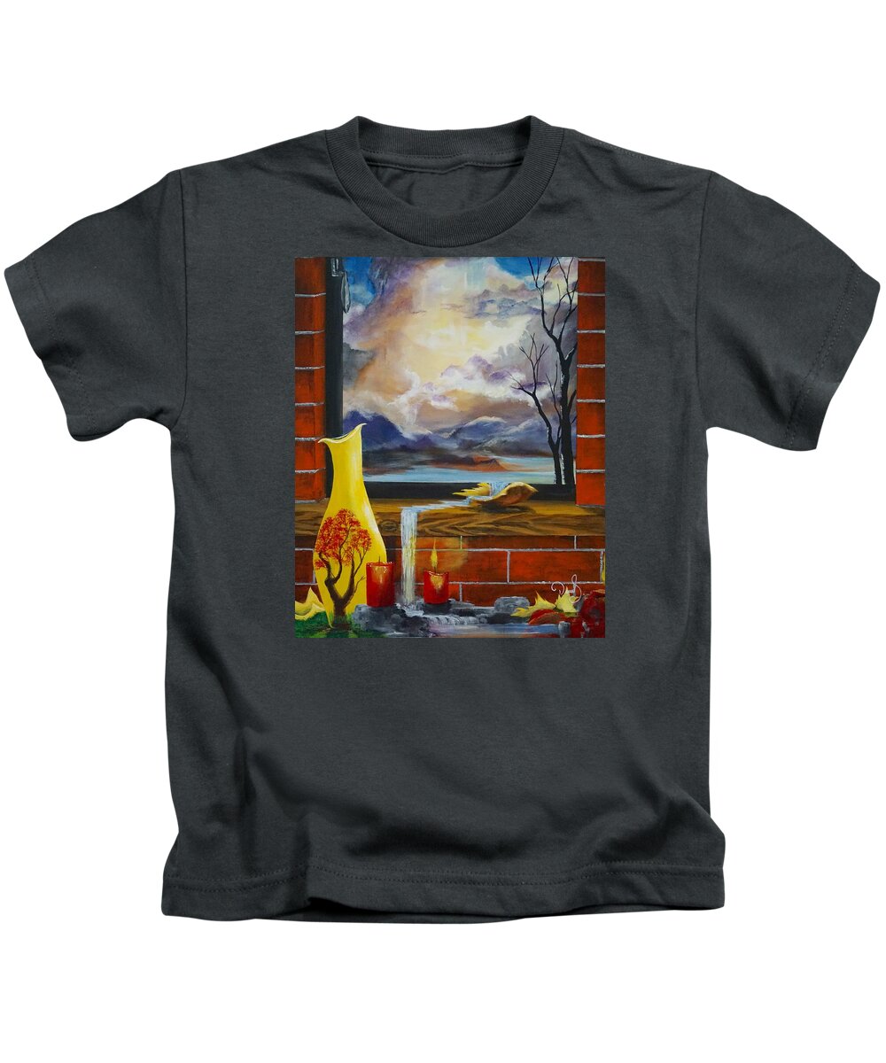 Land Kids T-Shirt featuring the painting Autumn at the window by Daniel Sanchez