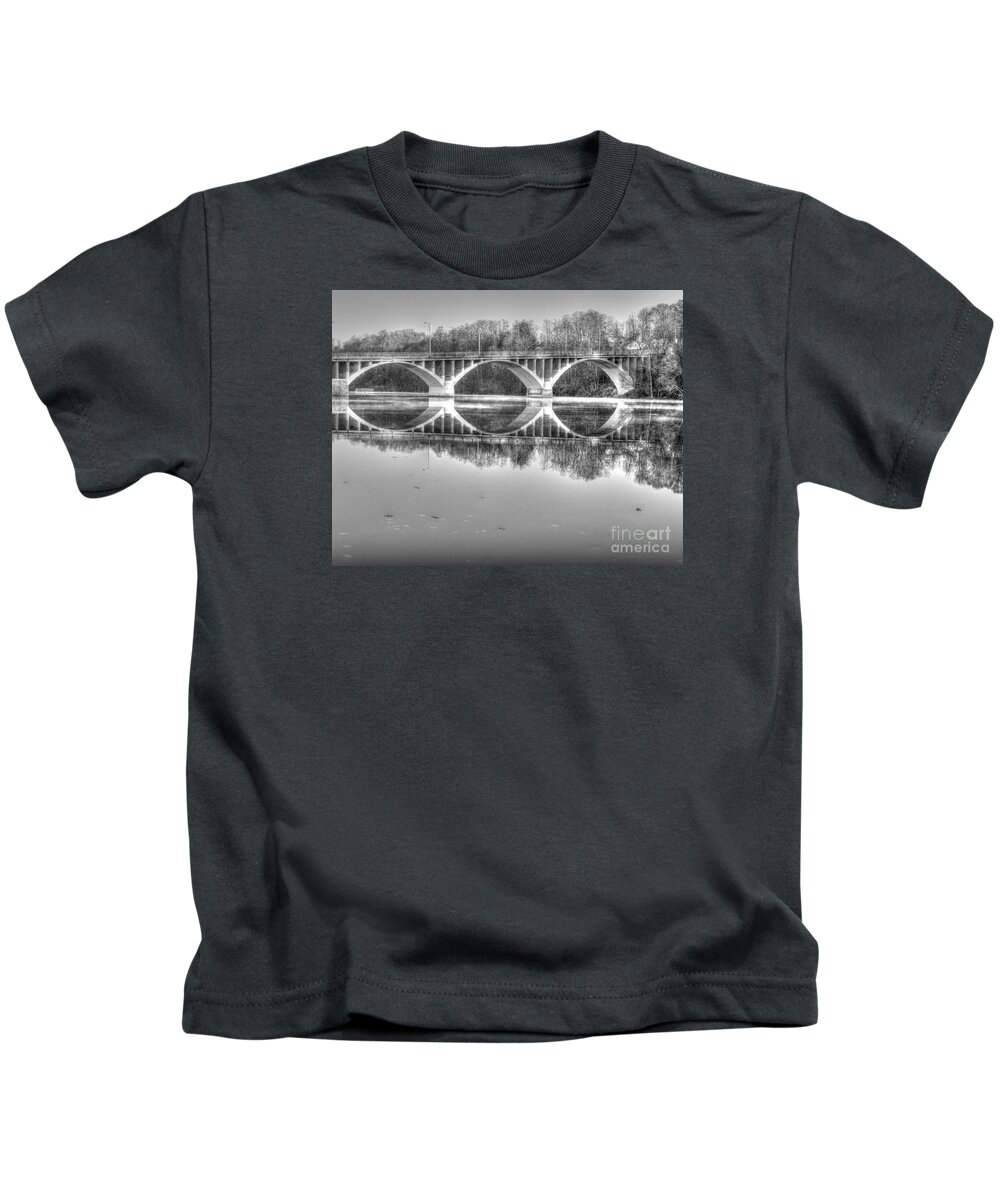 B&w Kids T-Shirt featuring the photograph Autumn Bridge Reflections in Black and White by Rod Best