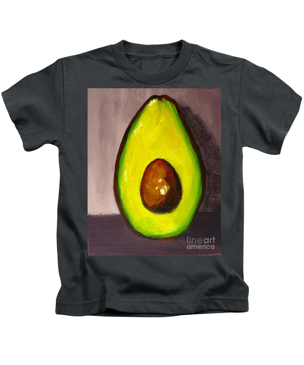 Modern Avocado Art Kids T-Shirt featuring the painting Avocado, Modern Art, kitchen decor, sepia background by Patricia Awapara