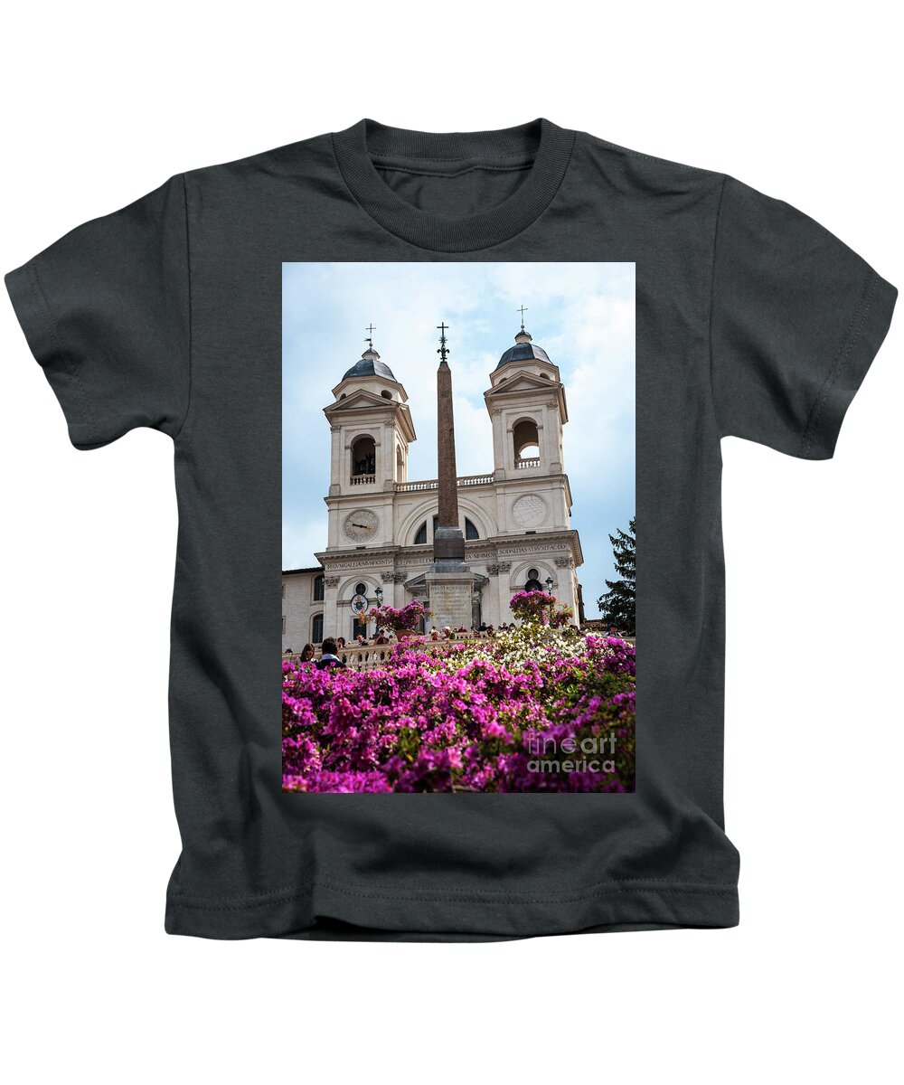 St Maria Kids T-Shirt featuring the photograph Azaleas on the Spanish Steps in Rome by Brenda Kean