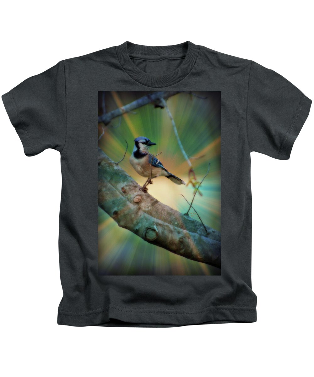 Bird Kids T-Shirt featuring the mixed media Baby Blue by Trish Tritz