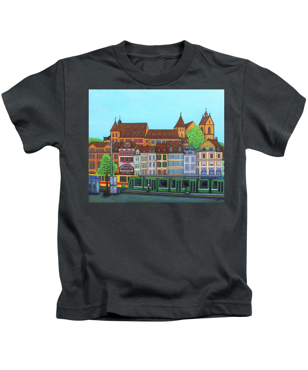 Basel Kids T-Shirt featuring the painting Basel, Barfusserplatz Rendez-vous by Lisa Lorenz